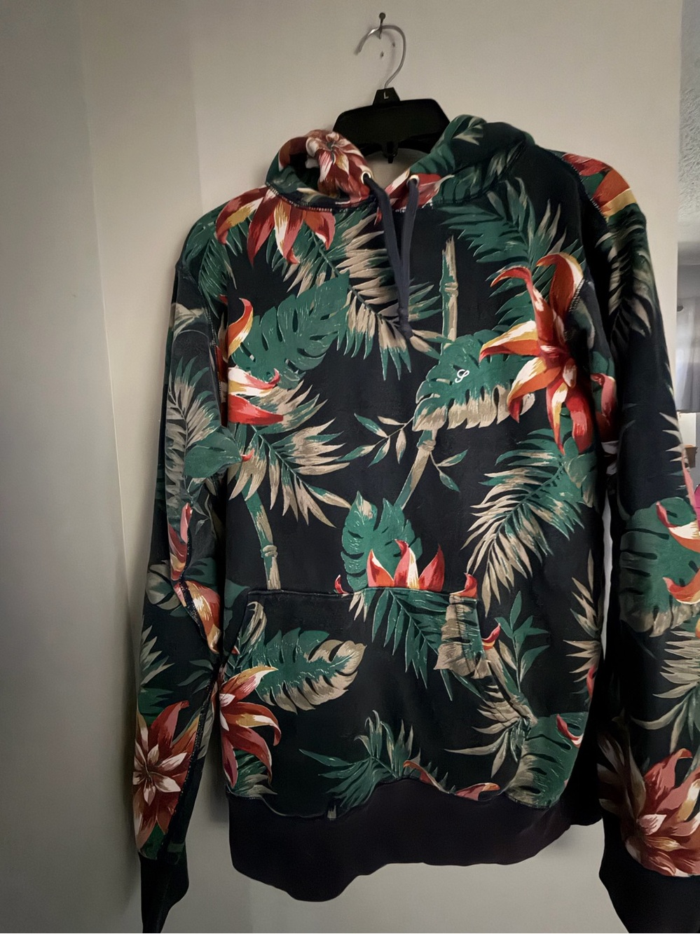 Supreme Navy Floral Tropical Hoodie with Green & Coral Accents